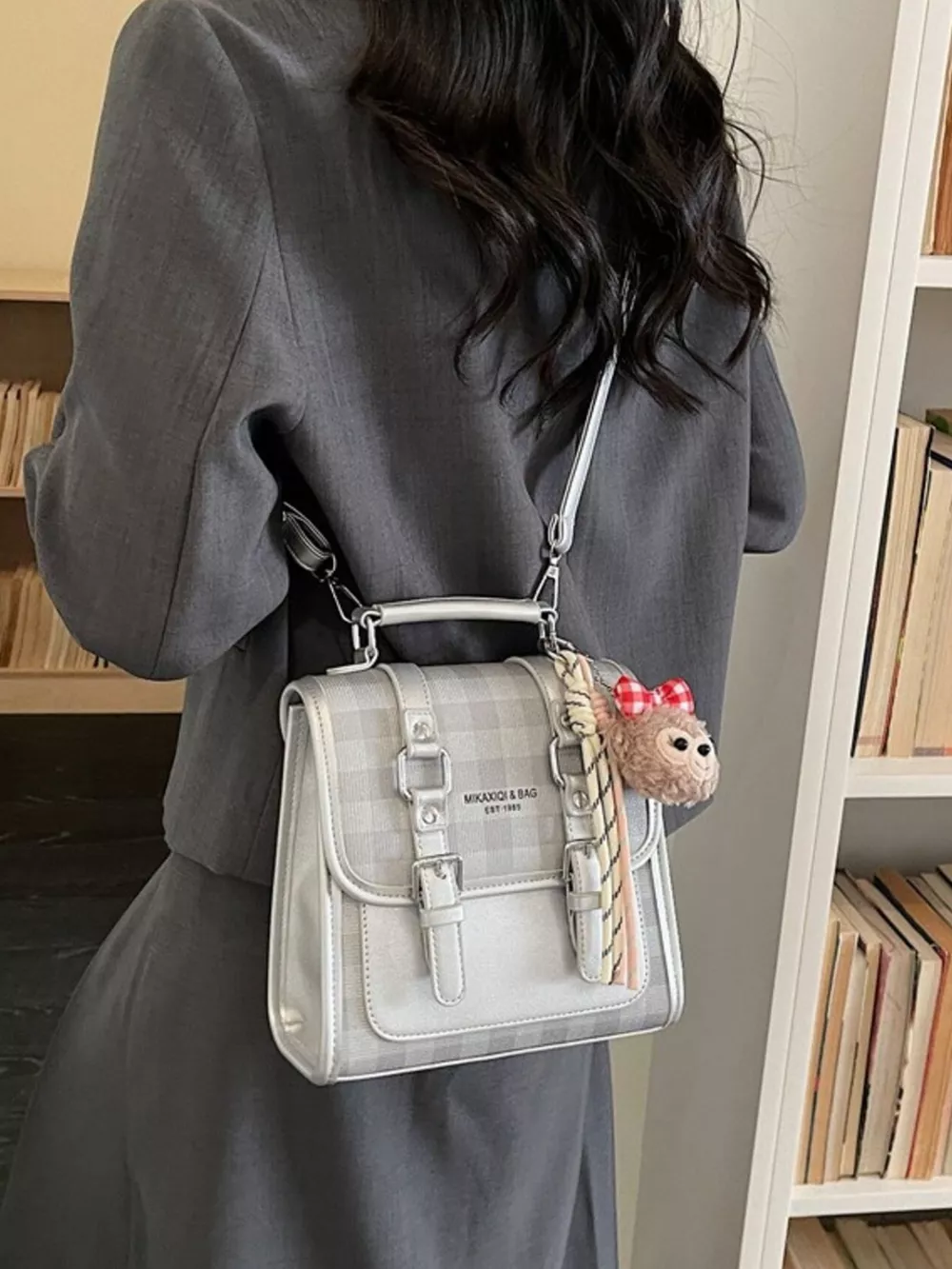 Plaid Backpack Bag with Charm, image 4