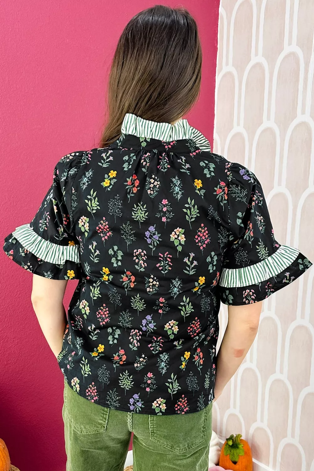 Contrast Frilled Trim Short Sleeve Floral Shirt, image 7