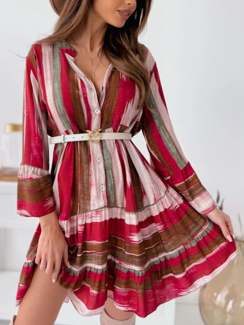 Buttoned Striped Long Sleeve Mini Dress, image 9