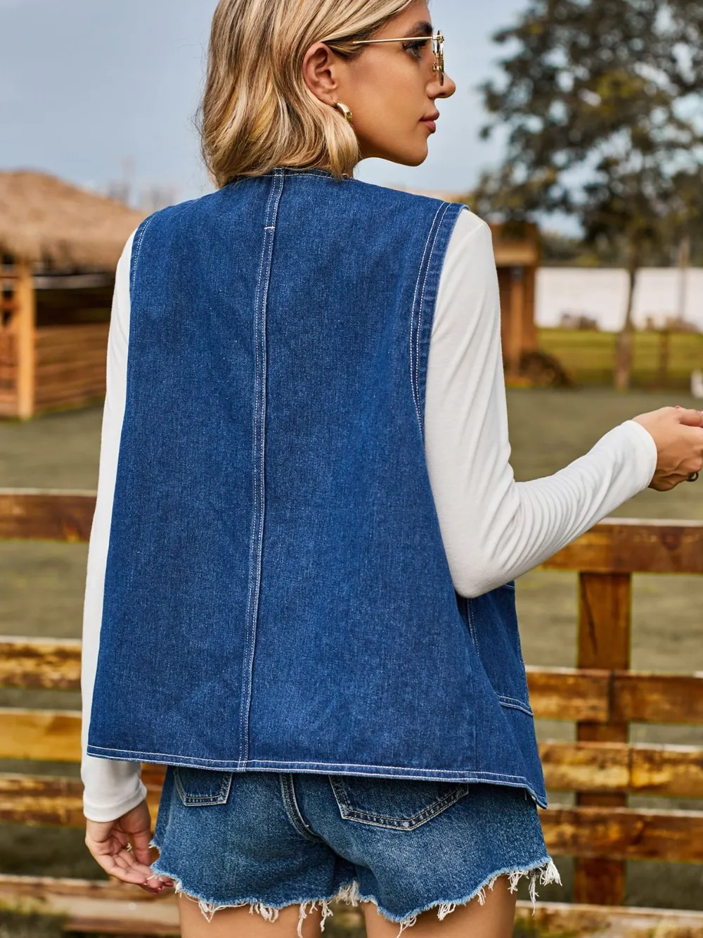 Pocketed Button Up Sleeveless Denim Jacket, image 6