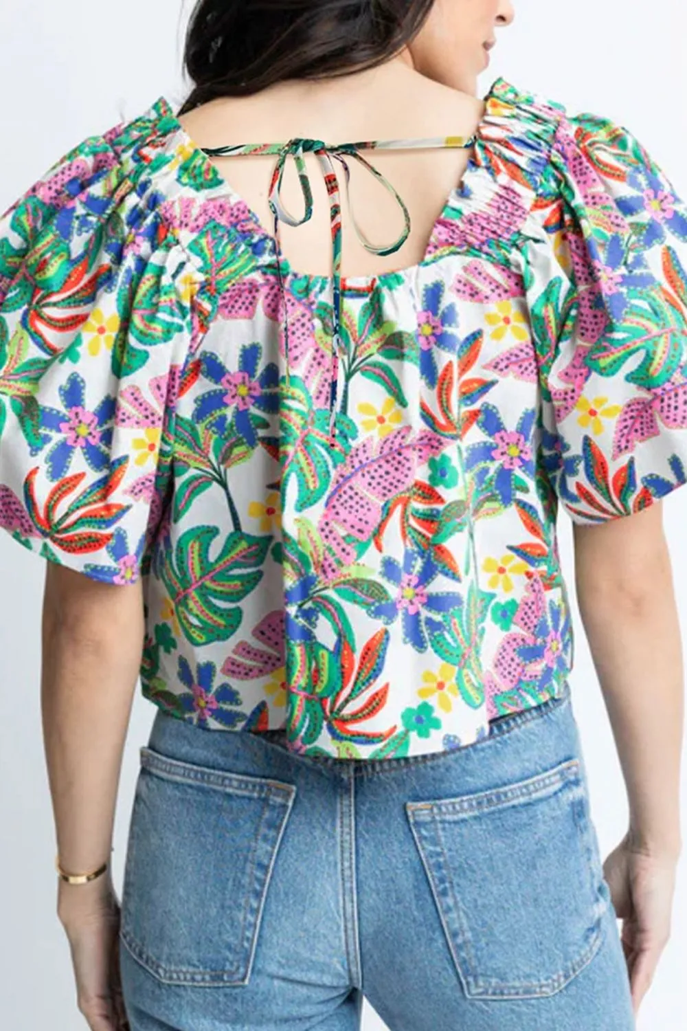 Plant Print Loose Fit Puff Sleeve Square Neck Blouse, image 4