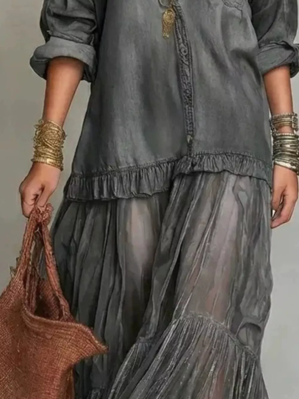 Full Size Tiered Long Sleeve Denim Shirt Maxi Dress Plus Size, image 10