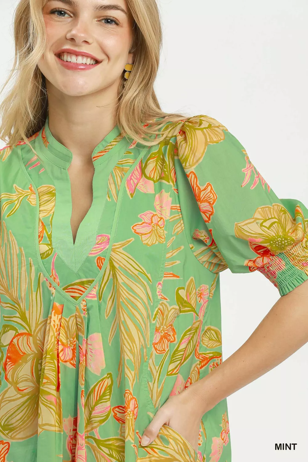 Botanical Print Dress with Smocked Cuffs, image 2