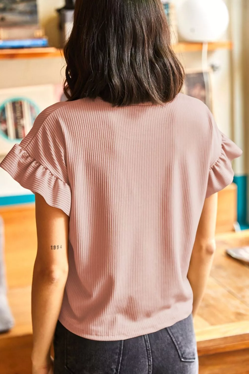 Solid Color Ribbed Ruffled Short Sleeve T Shirt, image 6