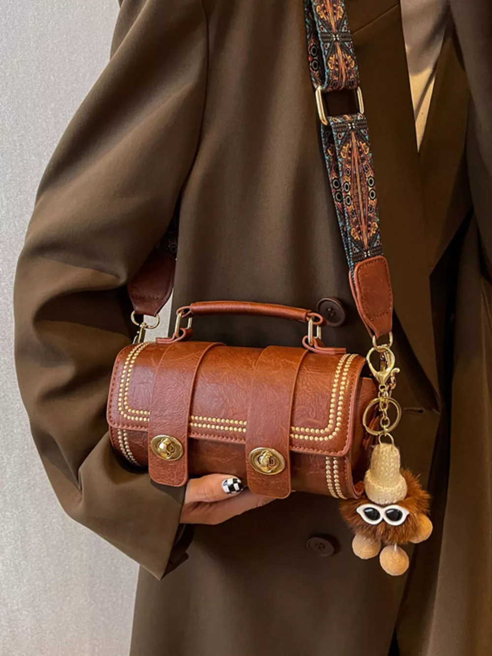 Vintage Barrel Crossbody Bag with Charm