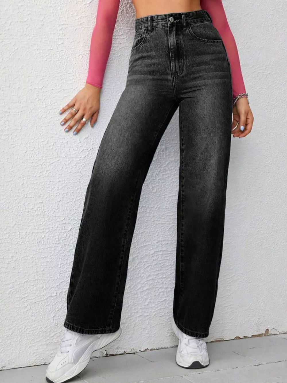 High-Waisted Wide-Leg Washed Jeans, image 6