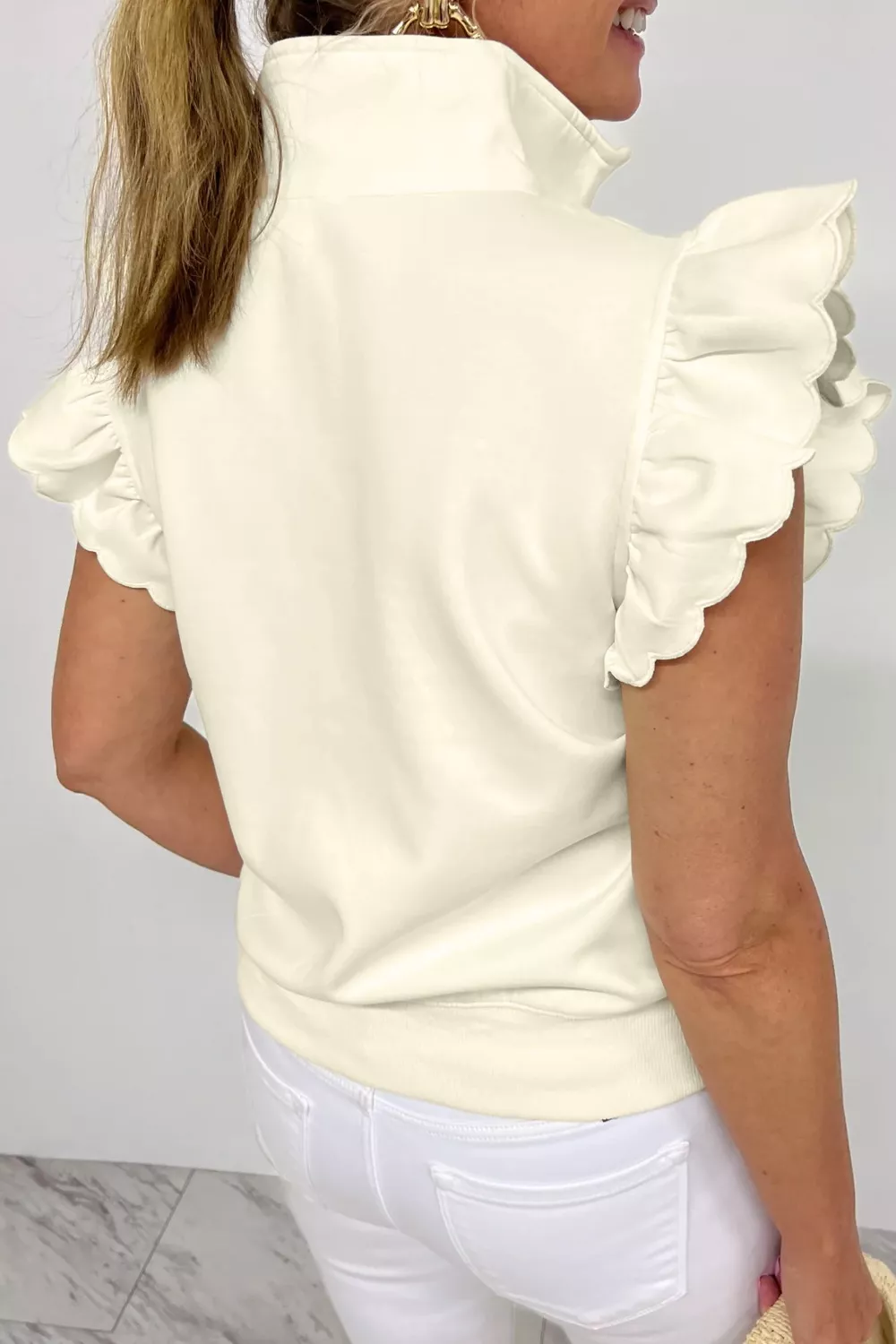 Zipped up Collared Ruffled Short Sleeve Blouse, image 2
