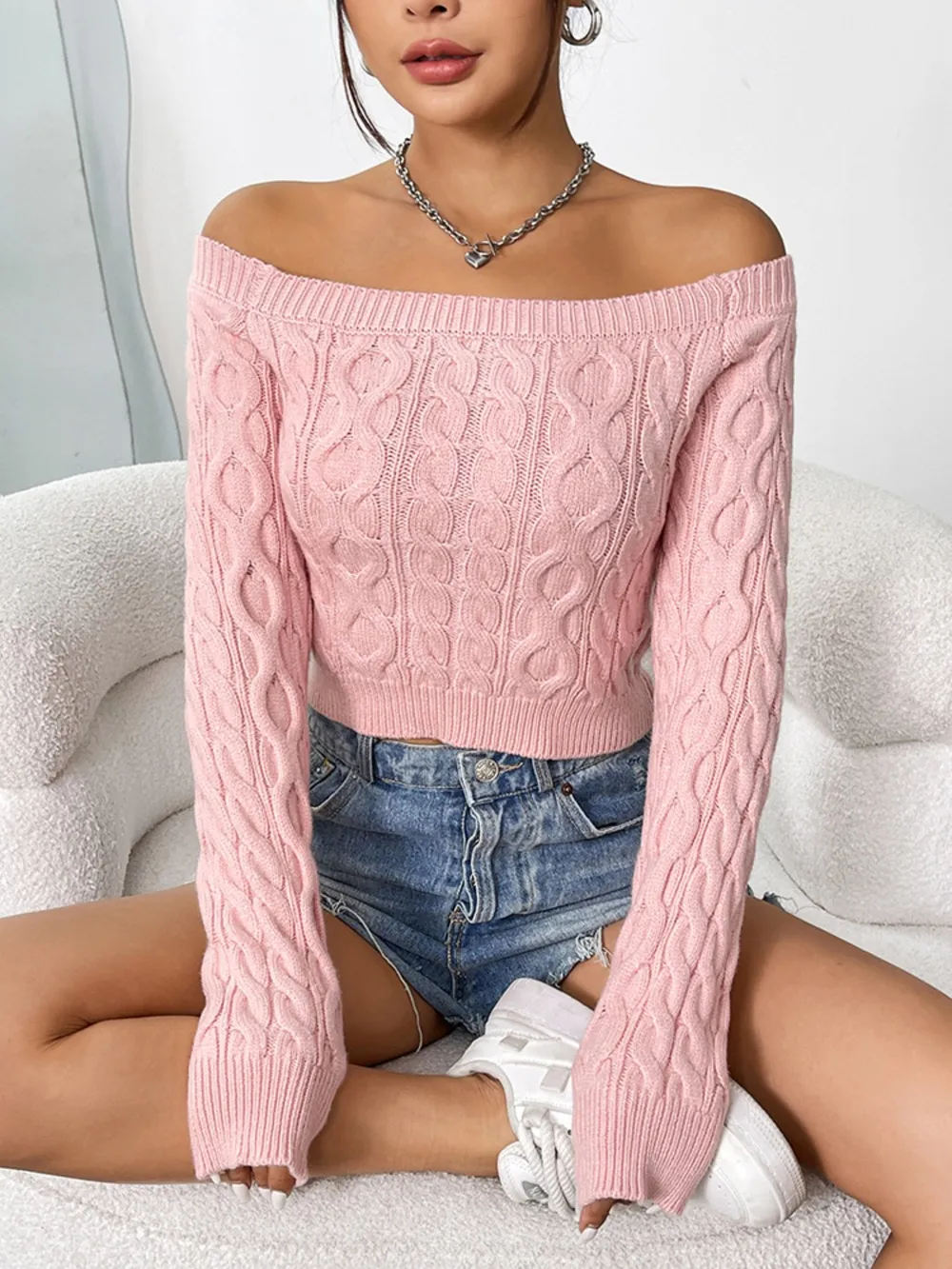 Cable-Knit Off-Shoulder Long Sleeve Knit Top, image 5