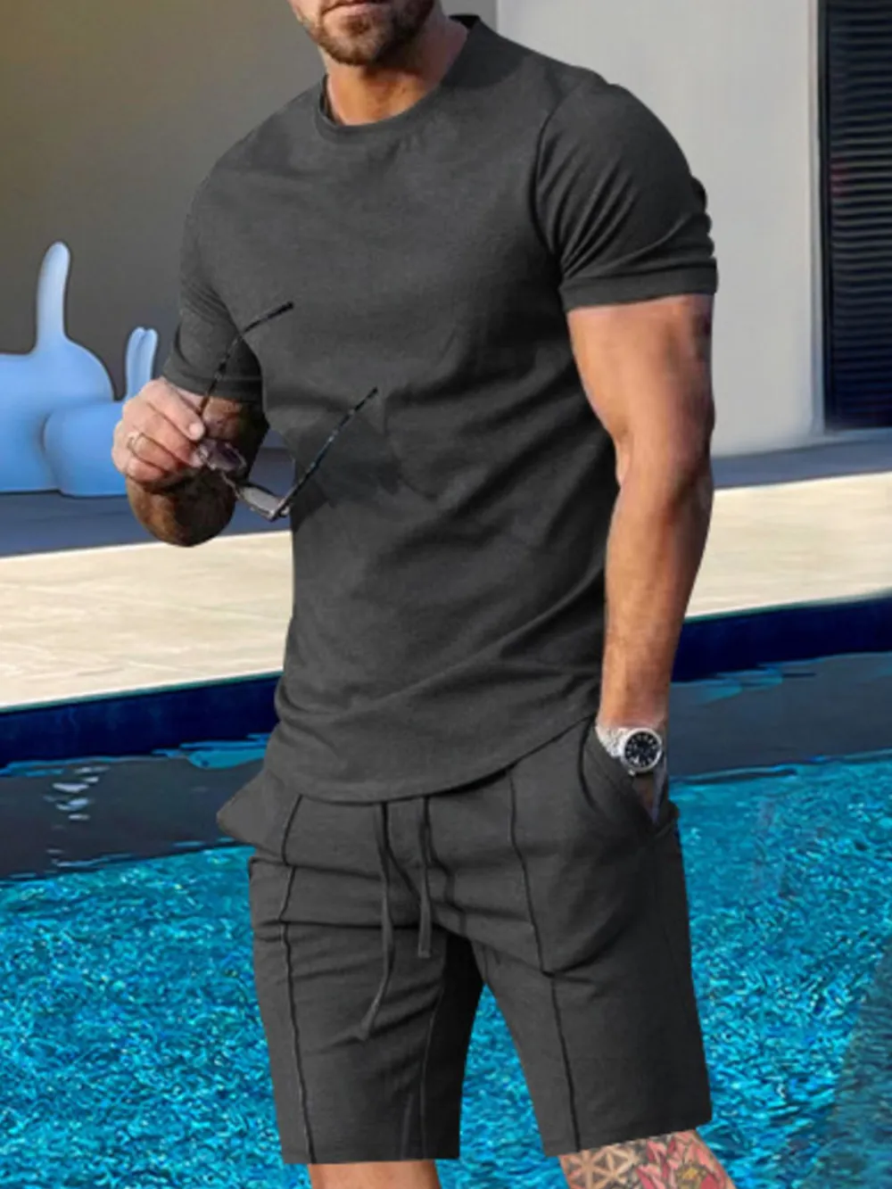 Men's Plus Size Round Neck Short Sleeve Top and Shorts Set, image 2
