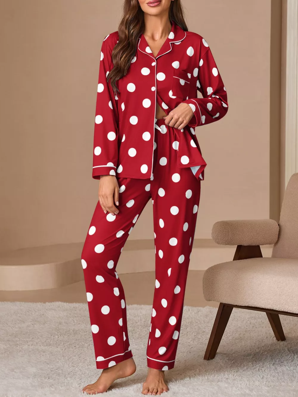 Polka Dot Button-Down Top and Pants Lounge Set, image 2