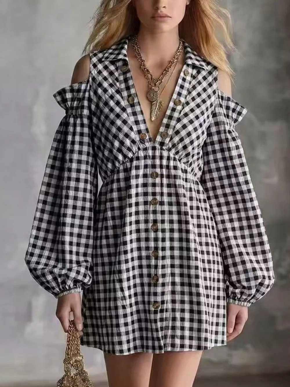Gingham Cold-Shoulder Mini Dress, image 3