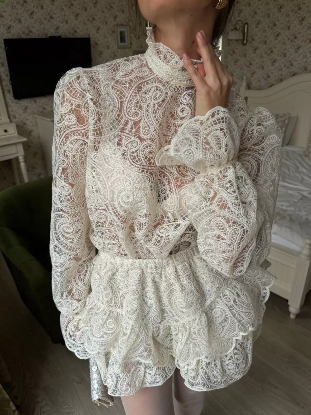 Lace Long Sleeve Top and Skirt Set