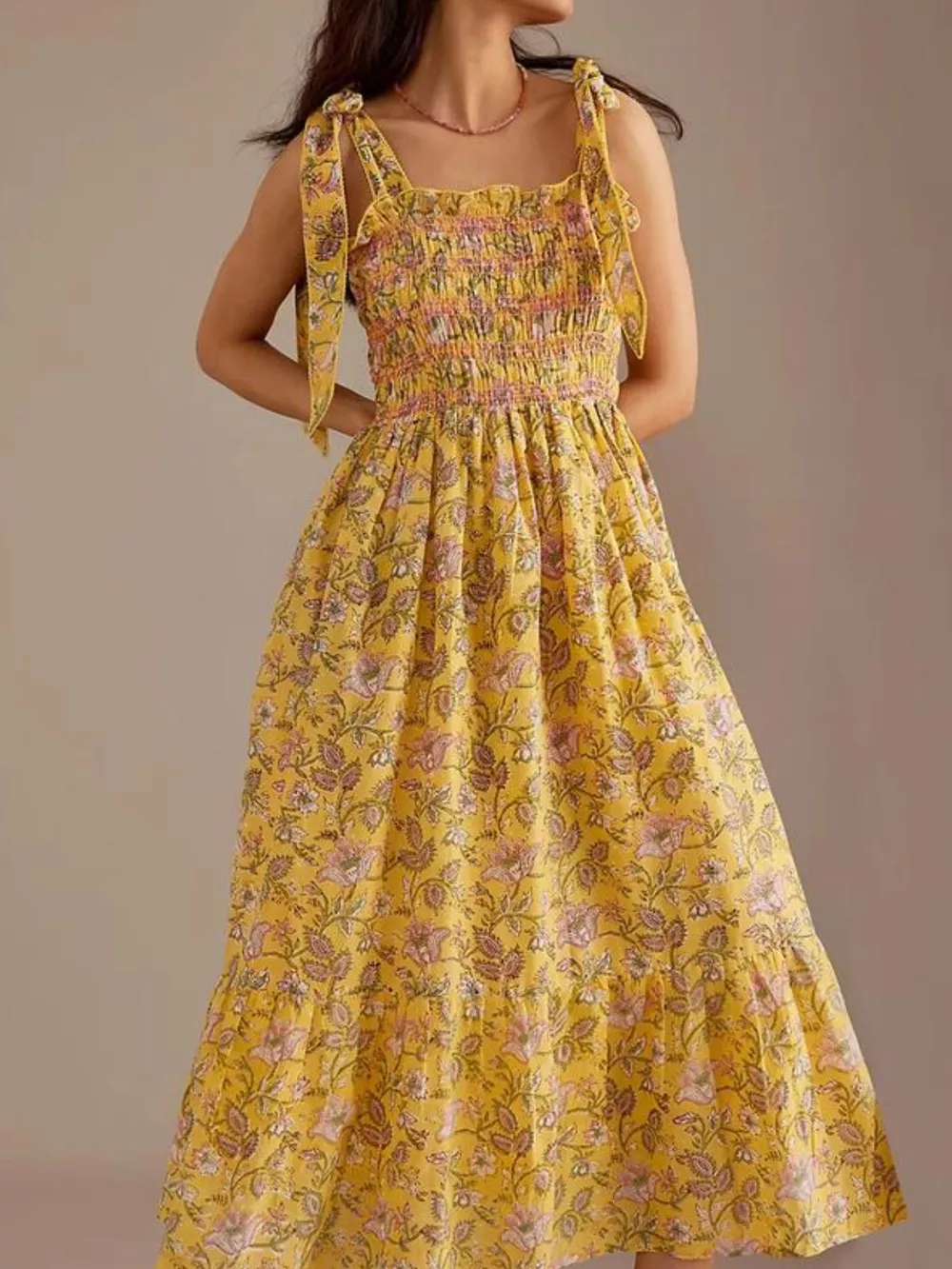 Floral Smocked Tie-Shoulder Midi Dress, image 10