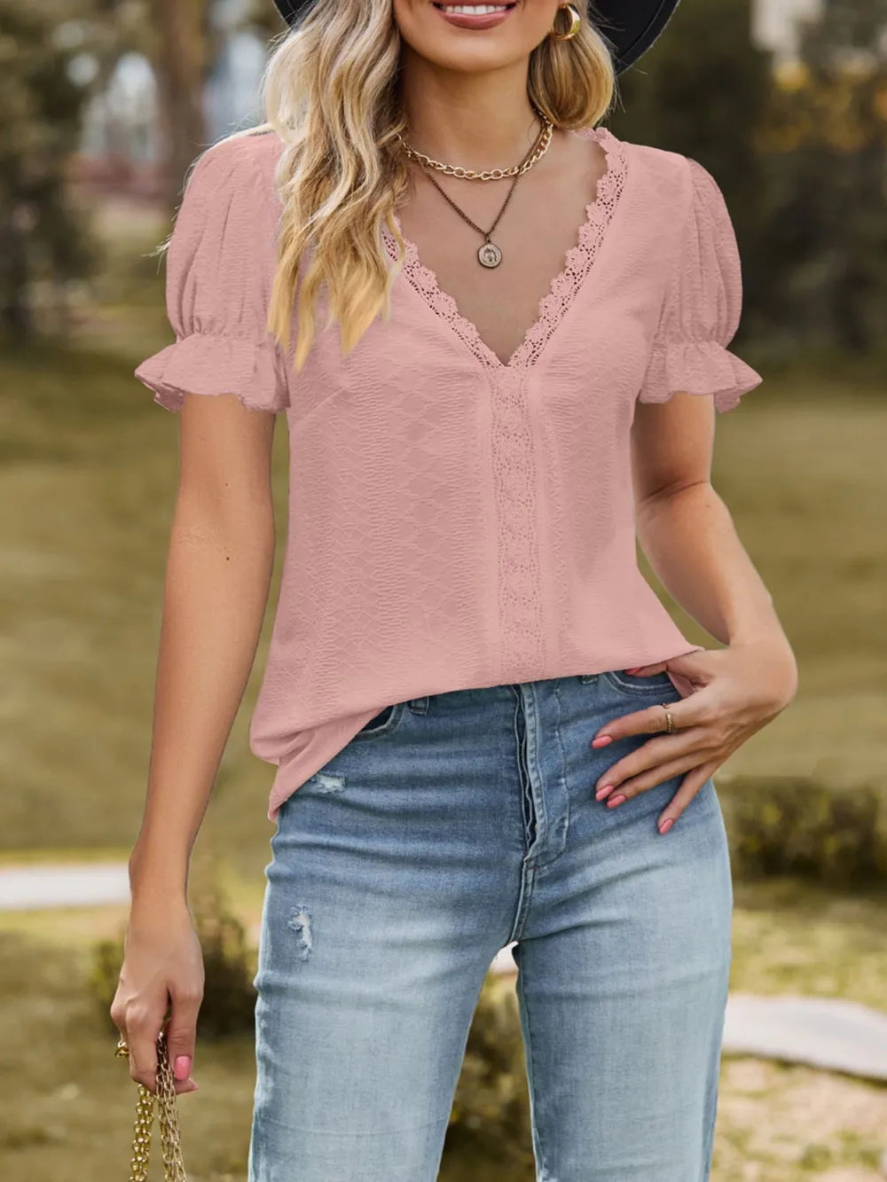 Lace Trim V-Neck Puff Sleeve Blouse, image 19