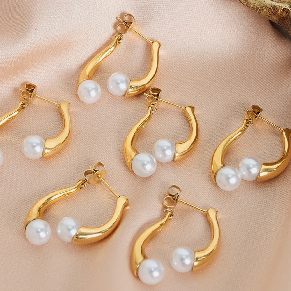 Synthetic Pearl Asymmetrical Titanium Steel Earrings, image 3