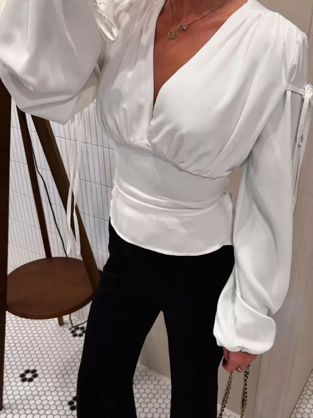 Tied V-Neck Balloon Sleeve Blouse, image 7