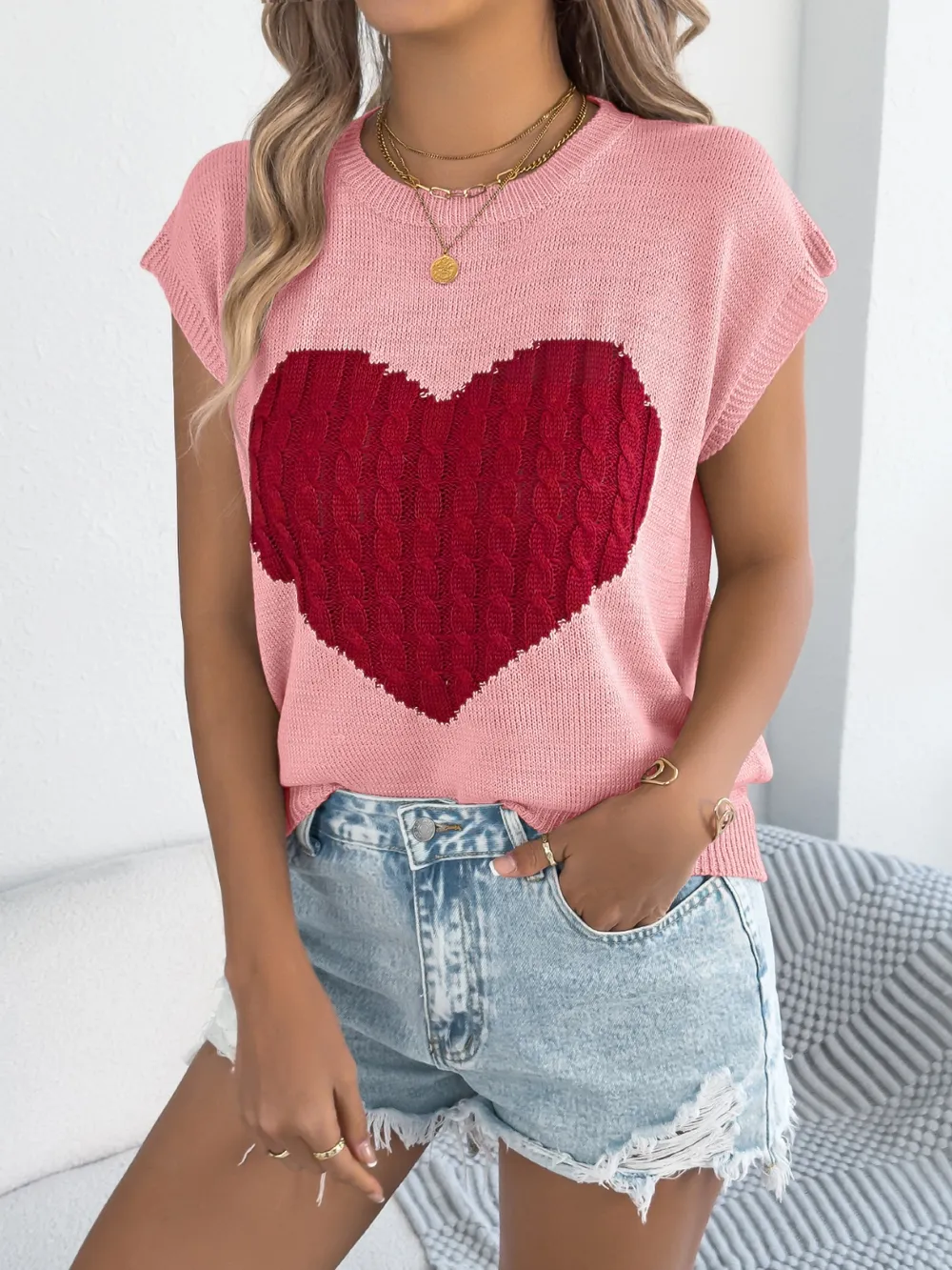 Cable Knit Heart Round Neck Cap Sleeve Knit Top, image 5