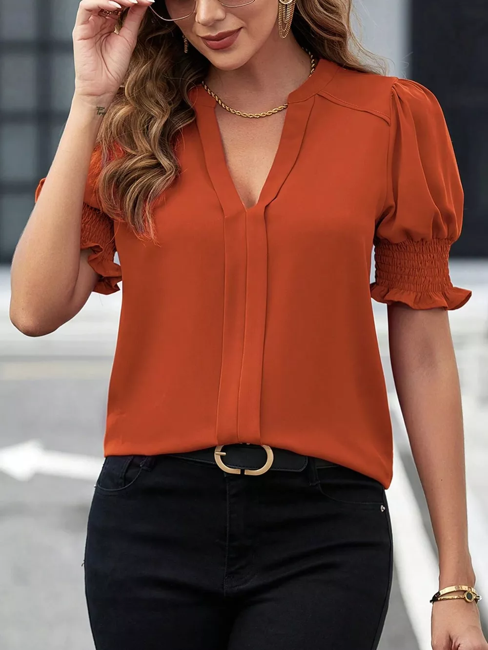 Notched Half Sleeve Blouse, image 32