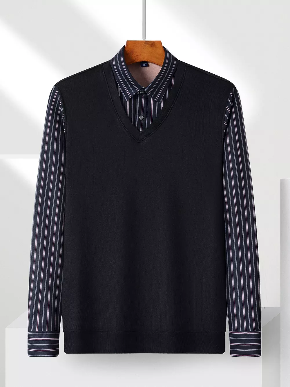 Men's Plus Size Striped Long Sleeve Fake Two-Piece Knit Top, image 5
