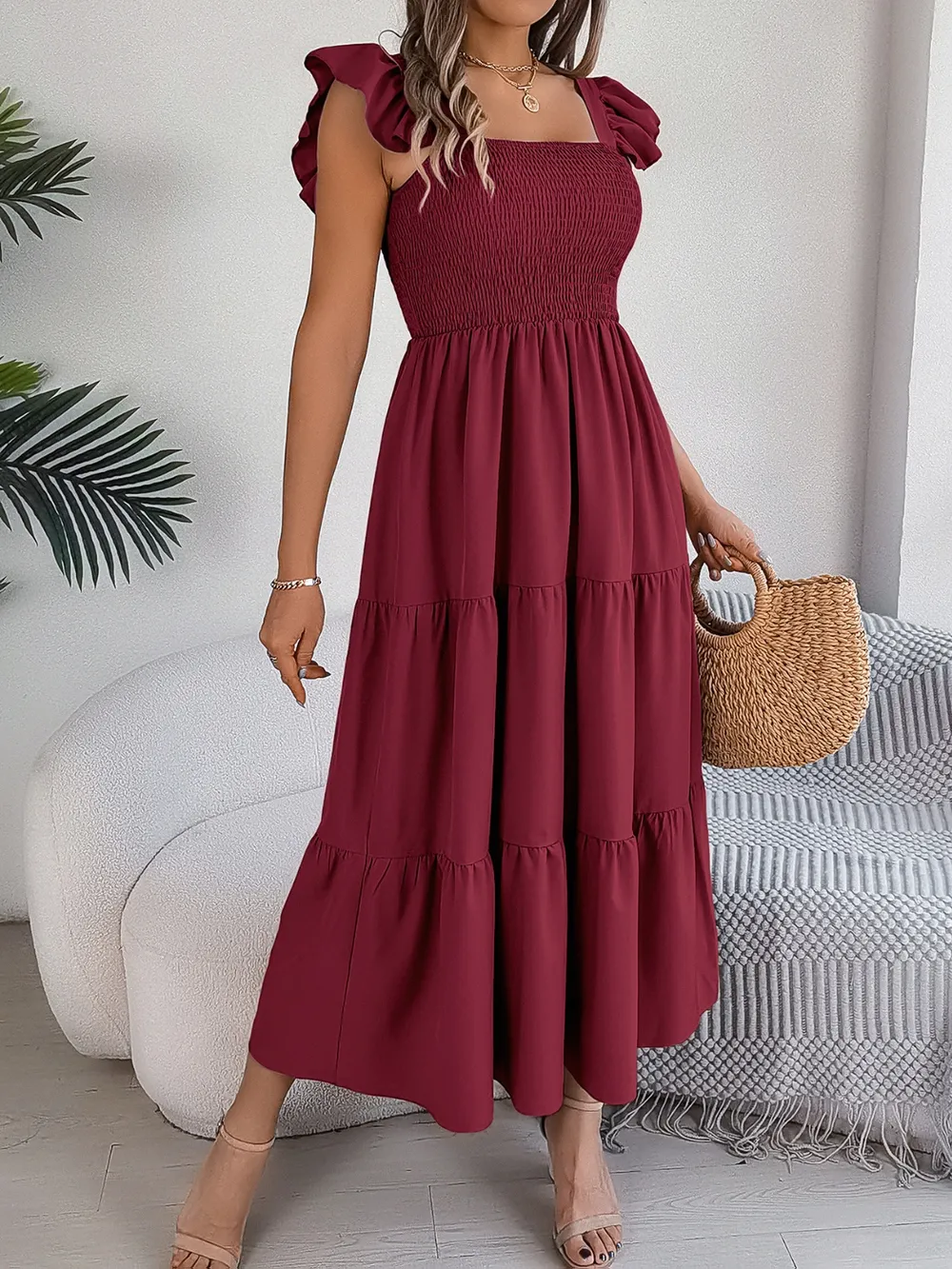Smocked Square Neck Cap Sleeve Midi Dress, image 27