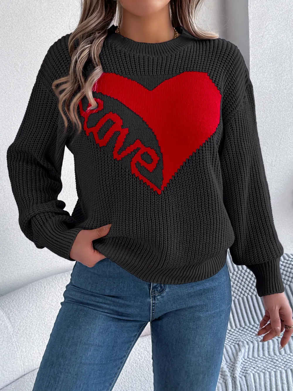 LOVE Heart Round Neck Dropped Shoulder Sweater, image 15