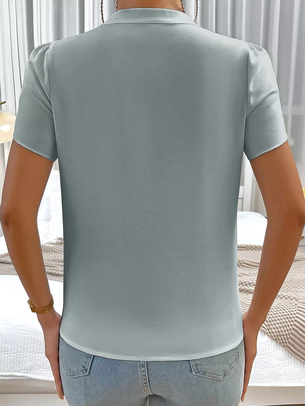 Notched Neckline Petal Sleeve Blouse, image 2