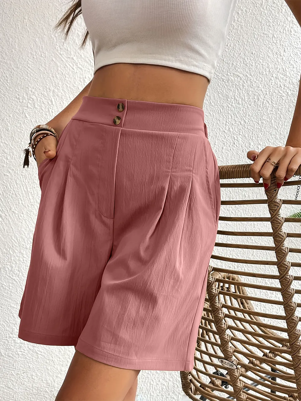 Pocketed Half Elastic Waist Shorts, image 32
