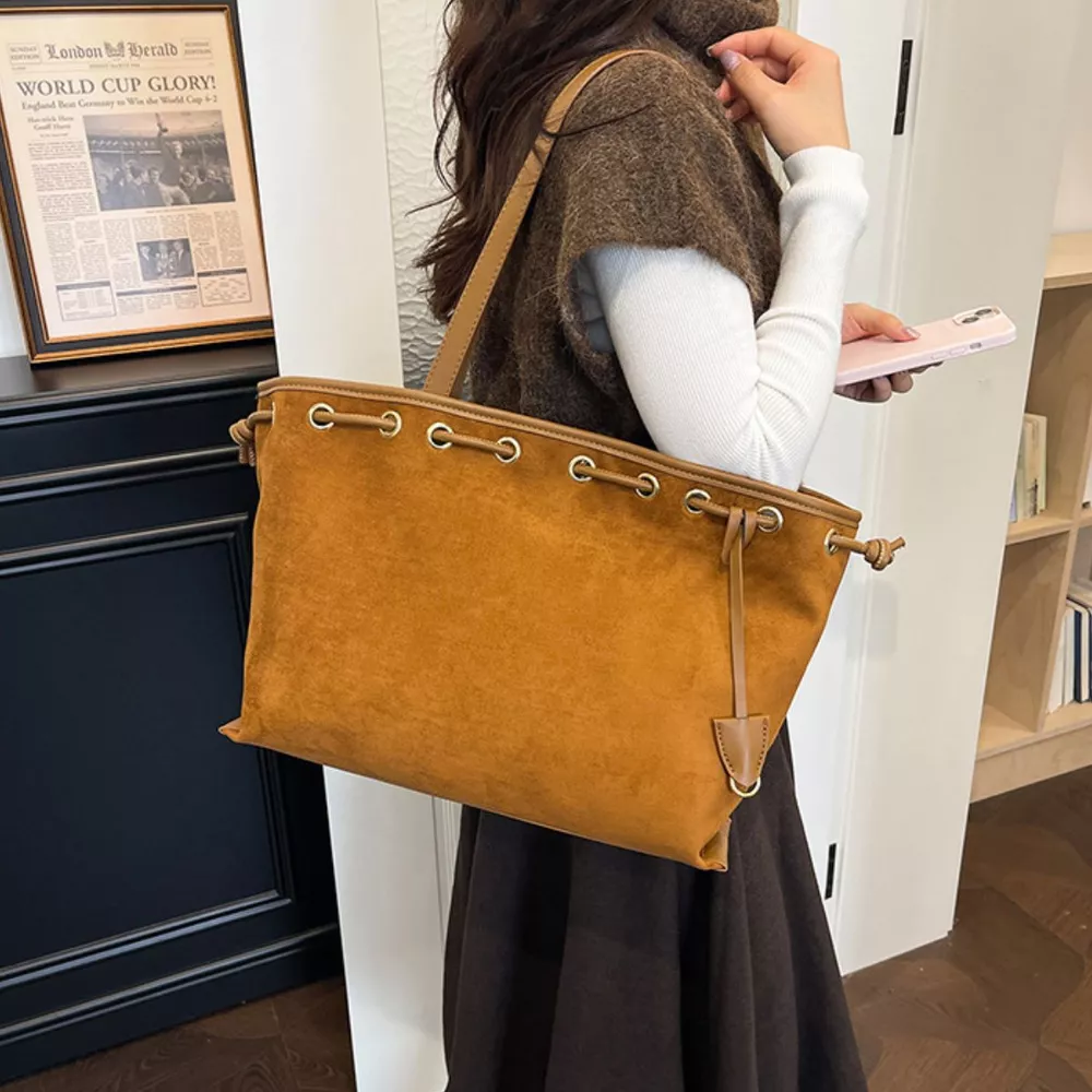 Drawstring Suede Shoulder Bag, image 2