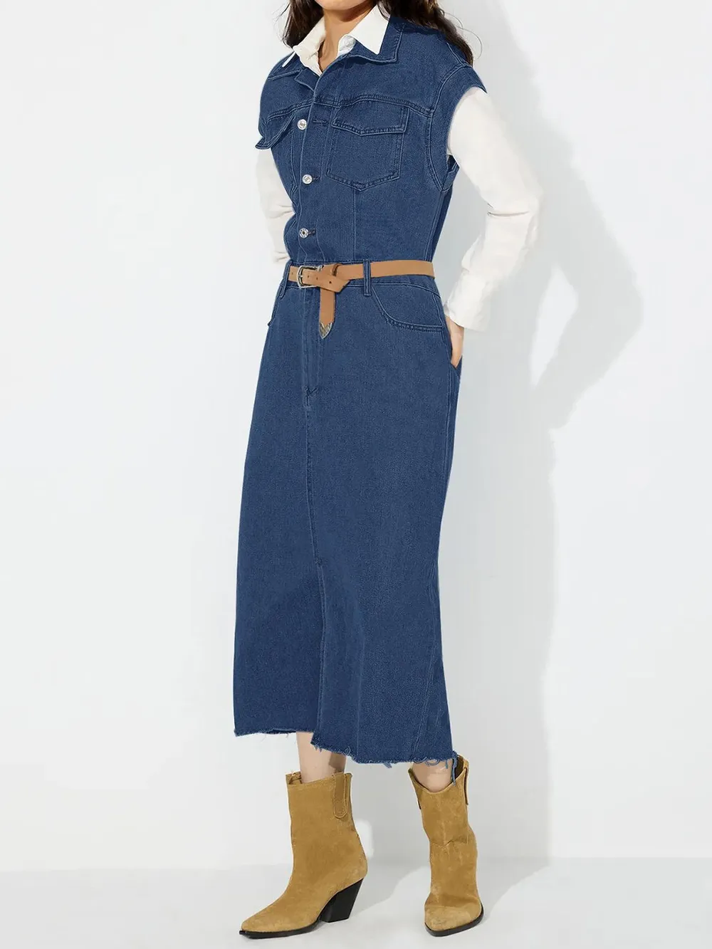 Slit Half Button Collared Neck Cap Sleeve Denim Dress, image 8
