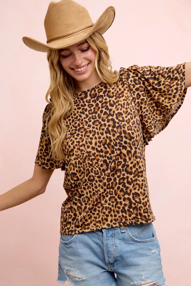BiBi Leopard Printed Spandex Jersey Ruffle Sleeve Top, image 8