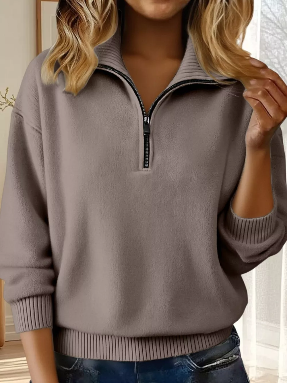 Full Size Half Zip Dropped Shoulder Sweater Plus Size, image 29