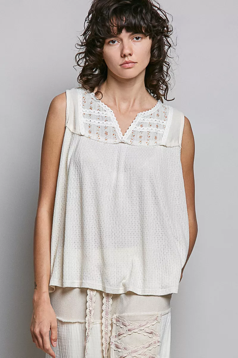 Lace Detail Floral Double Gauze Patch Sleeveless Top, image 2