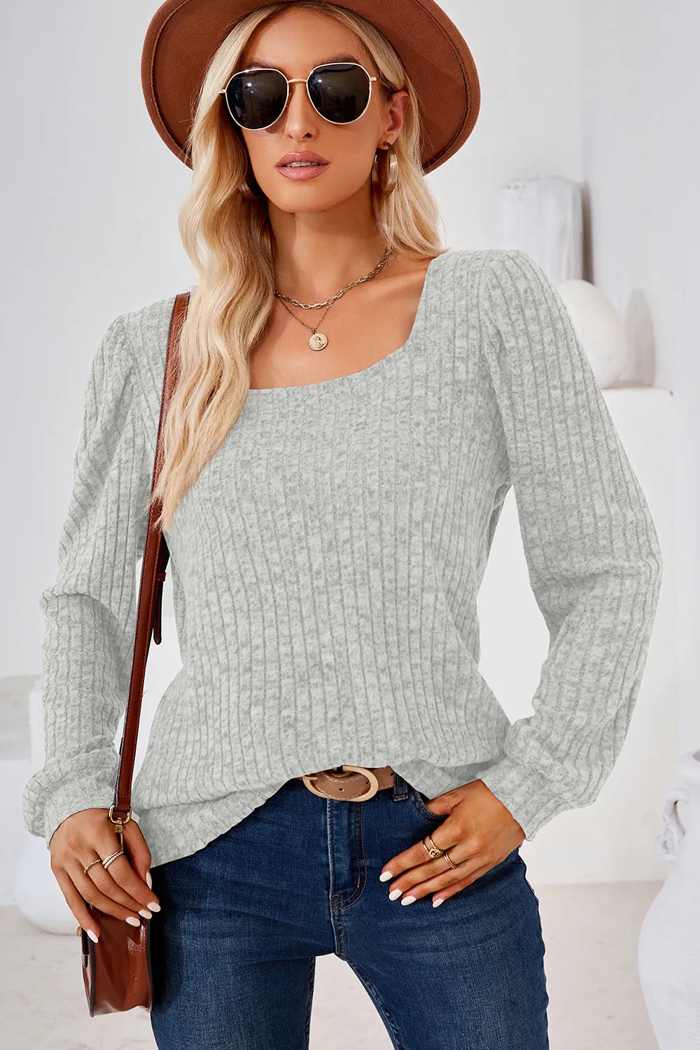 Ribbed Square Neck Long Sleeve T-Shirt, image 14