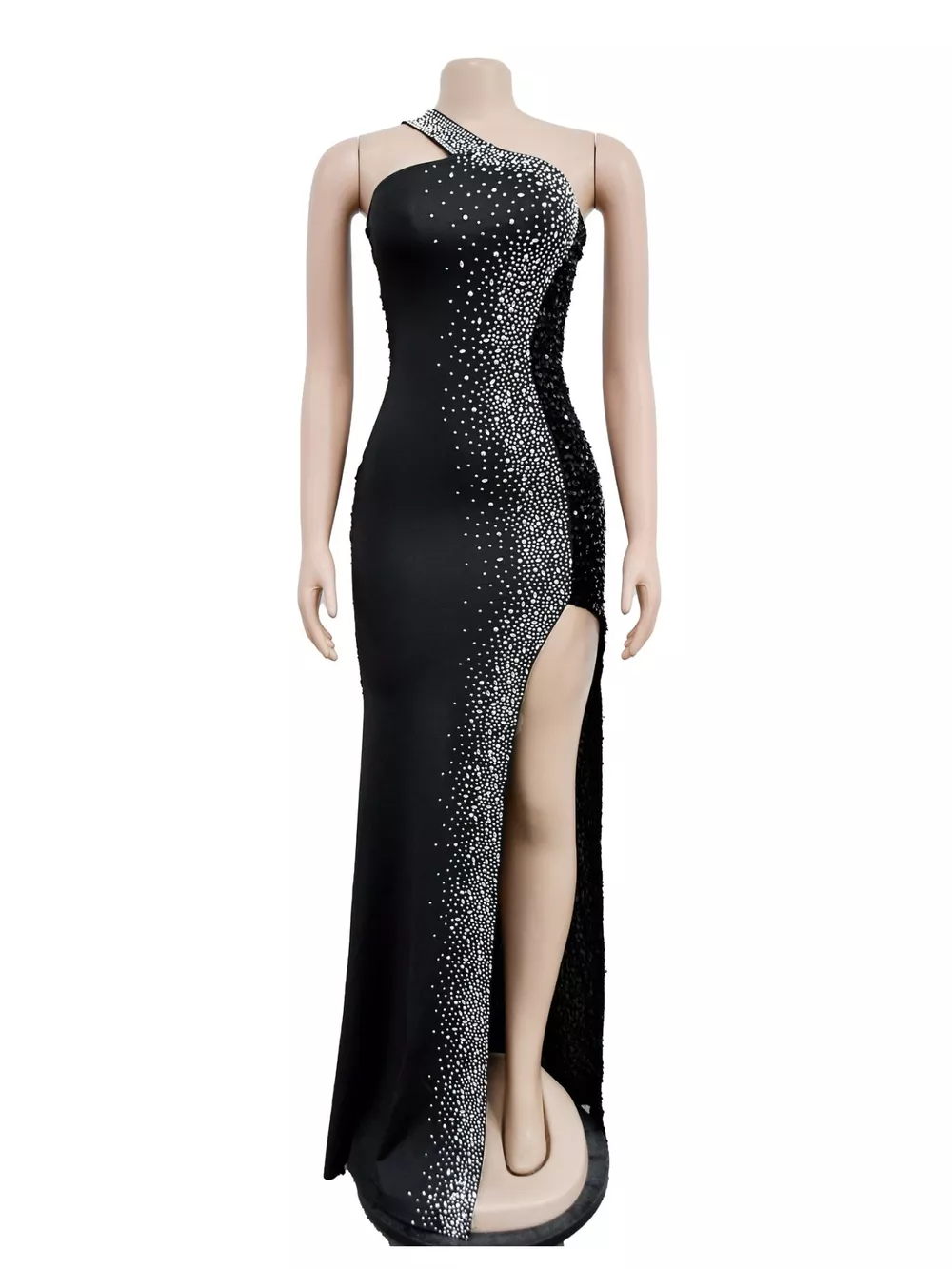 Rhinestone One-Shoulder High-Slit Maxi Dress, image 7