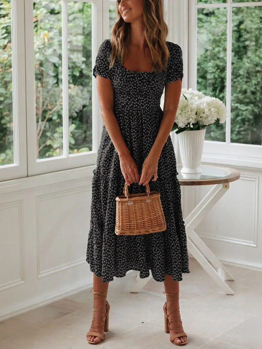 Printed Square Neck Short Sleeve Midi Dress, image 10