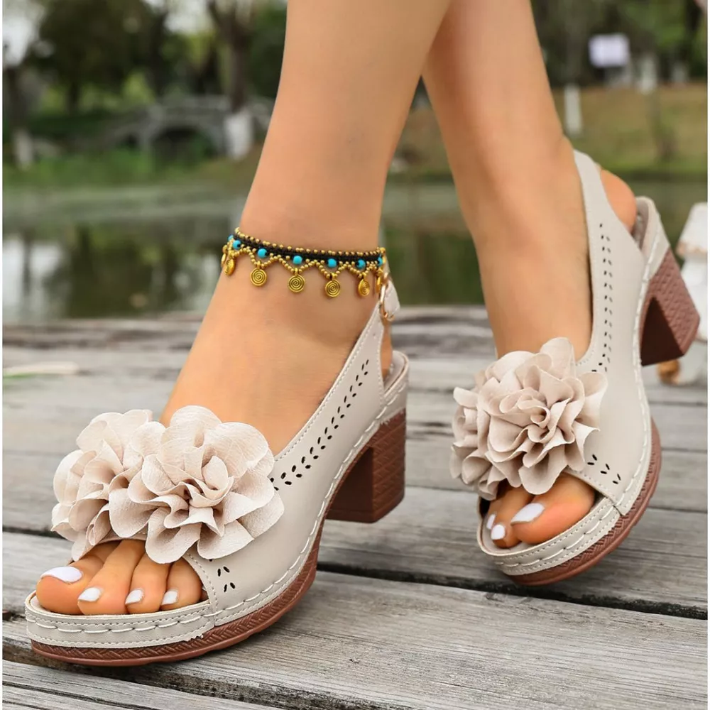 Floral Decor Chunky Heel Sandals, image 9