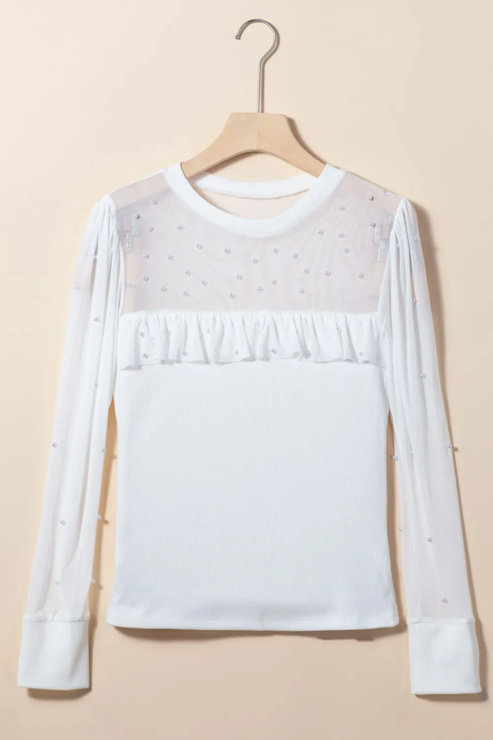 Pearl Decor Mesh Patchwork Ribbed Long Sleeve Top, image 11