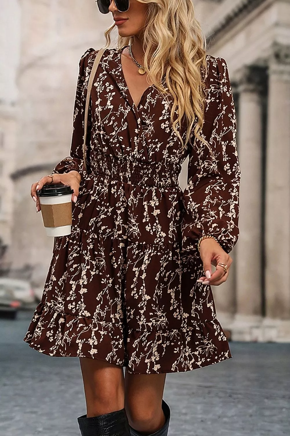 Ditsy Floral Print Split Neck Long Sleeve Shirred Waist Flared Mini Dress, image 6