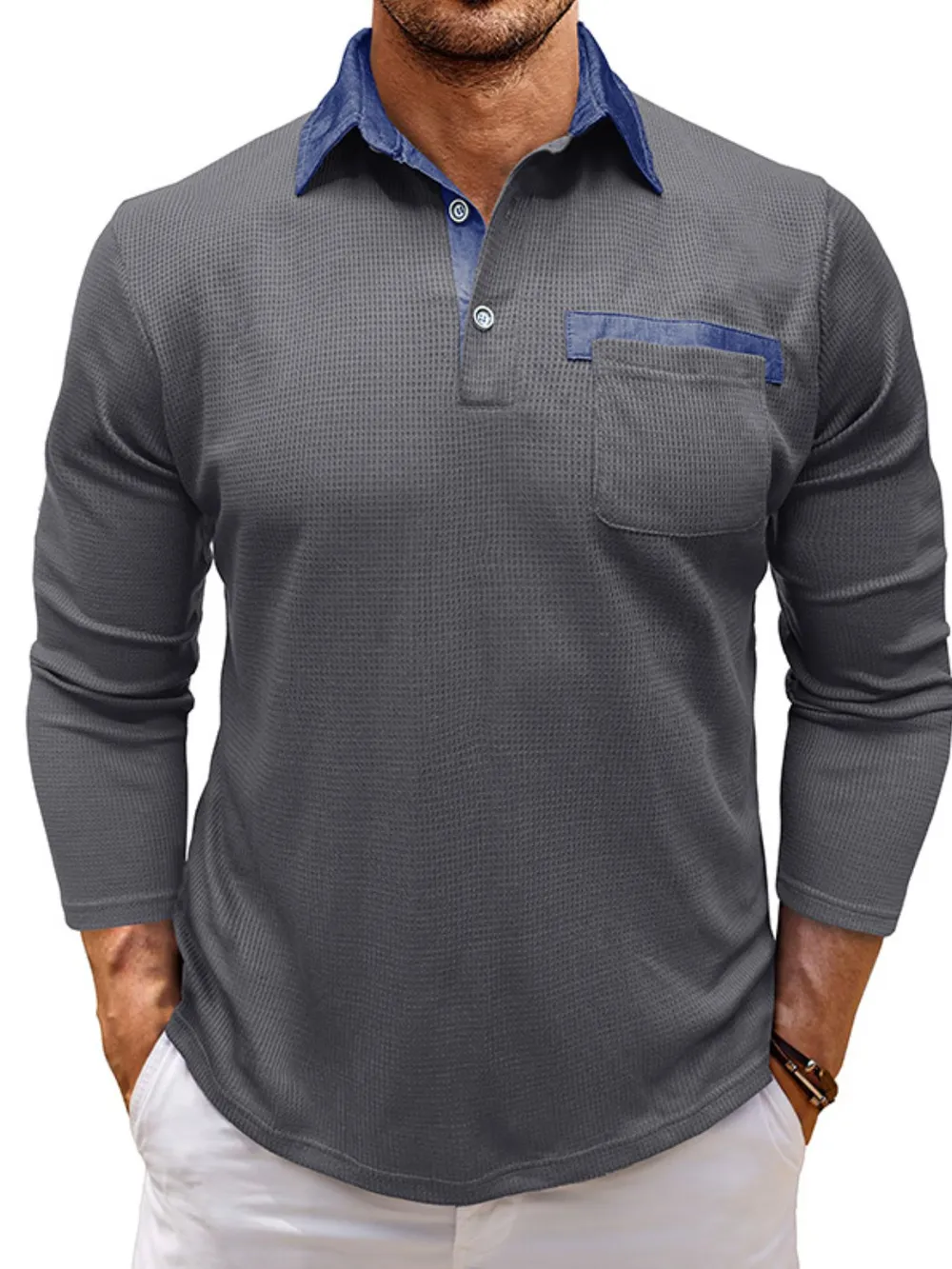 Men's Contrast Collar Long Sleeve Casual Polo Shirt, image 5