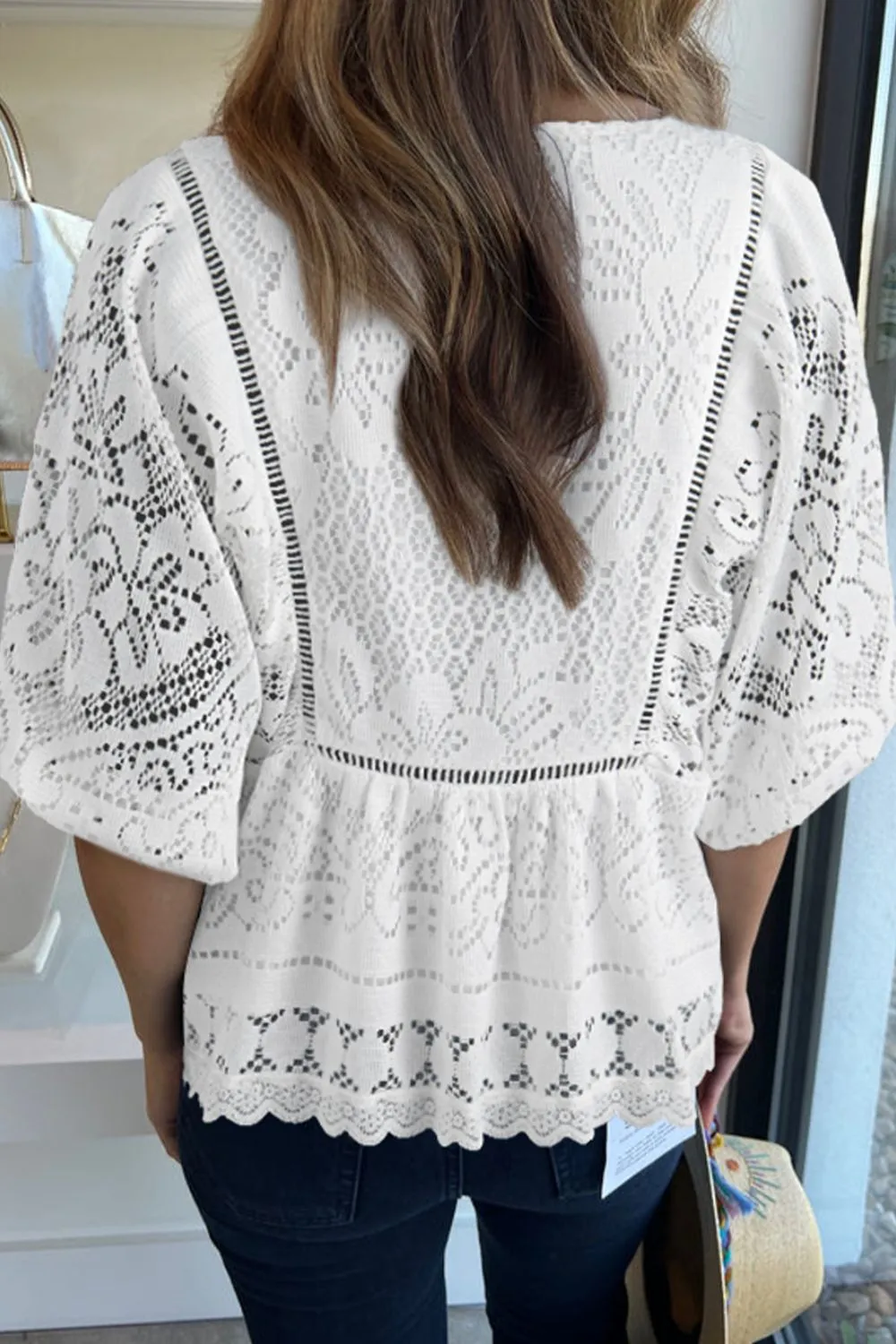 Lace Crochet Hollowed Scallop Hem V Neck Blouse, image 8
