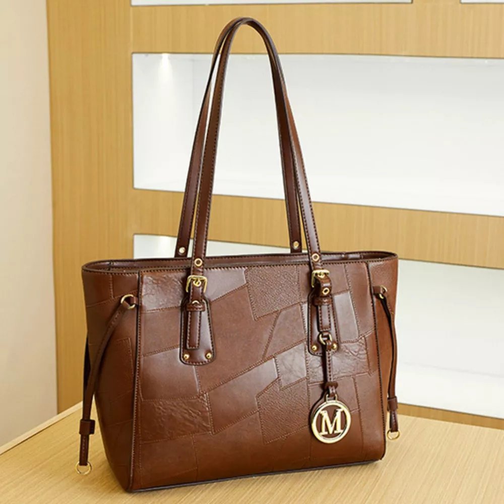 Patchwork Leather Tote Bag with Gold Logo Charm, image 6