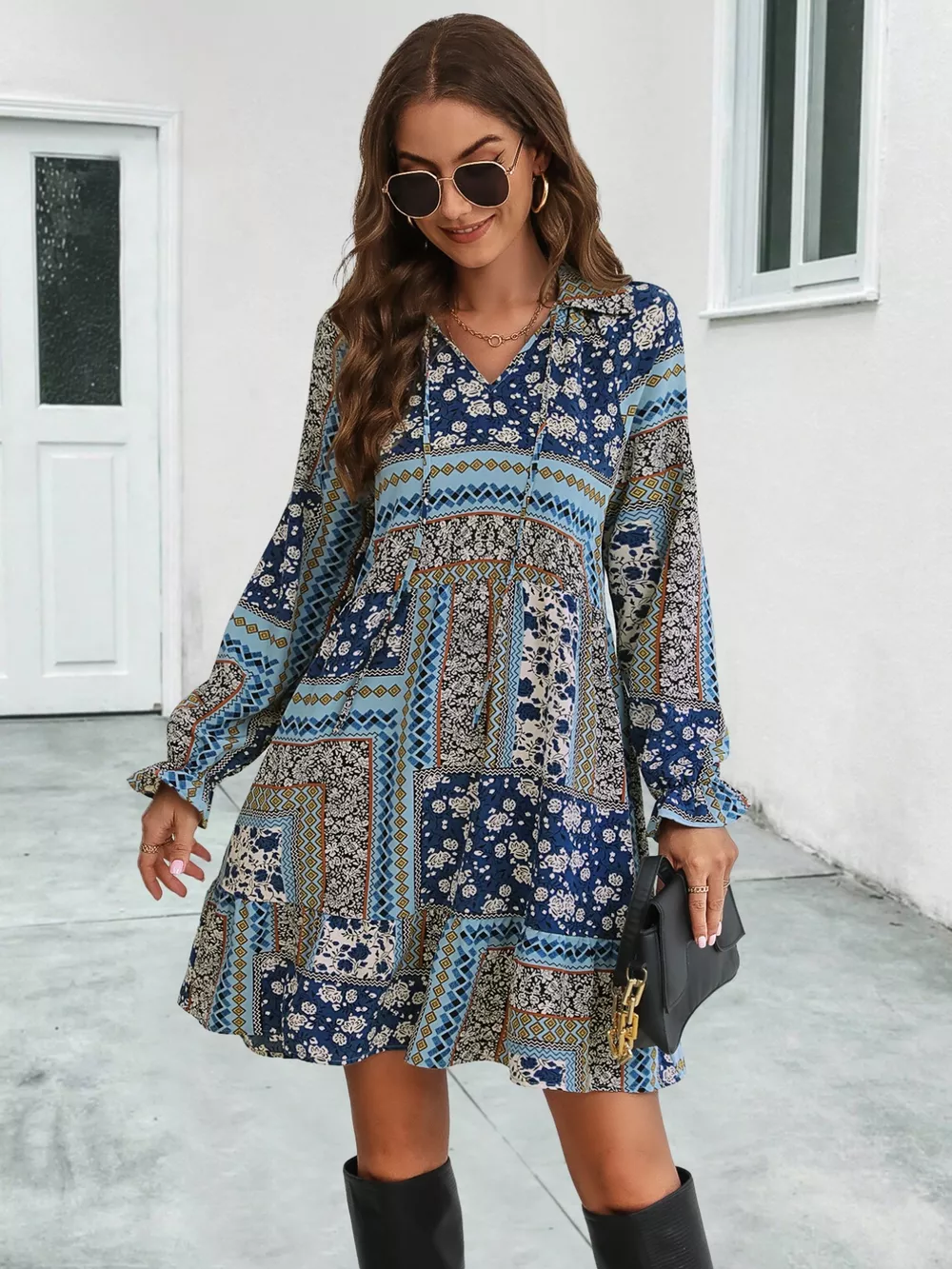 Boho Floral Print Long Sleeve Mini Dress, image 12