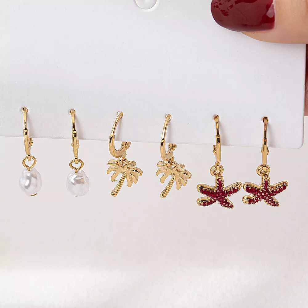3-Pair 18K Gold-Plated Alloy Drop Earrings, image 3