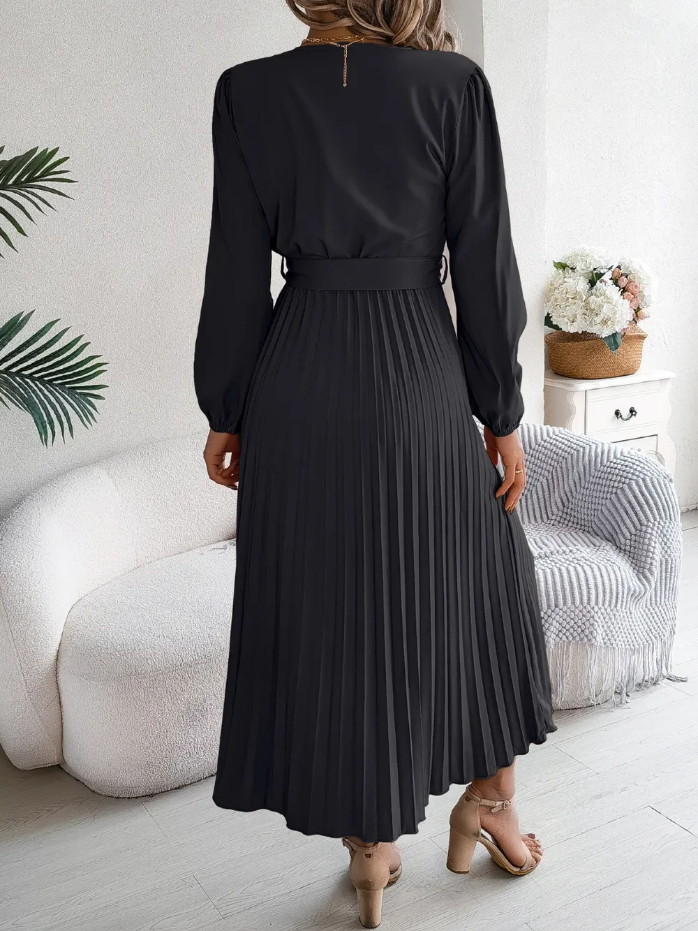 Pleated Tied V-Neck Long Sleeve Dress, image 26