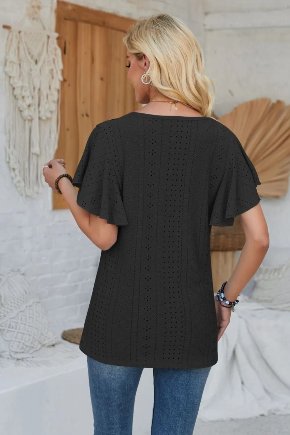Eyelet Applique V-Neck Cap Sleeve T-Shirt, image 16