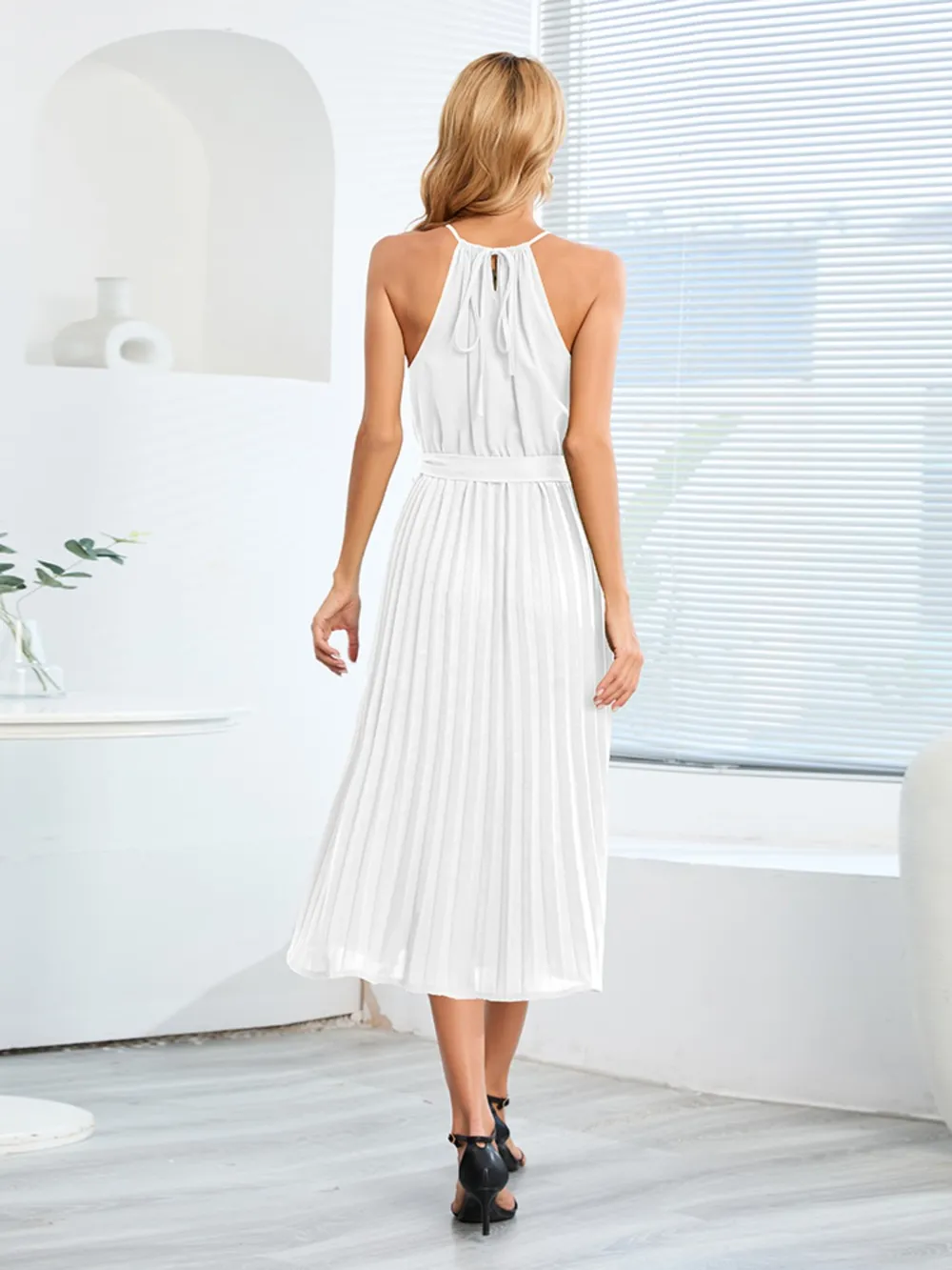 Pleated Spaghetti Strap Tie Waist Midi Dress, image 12