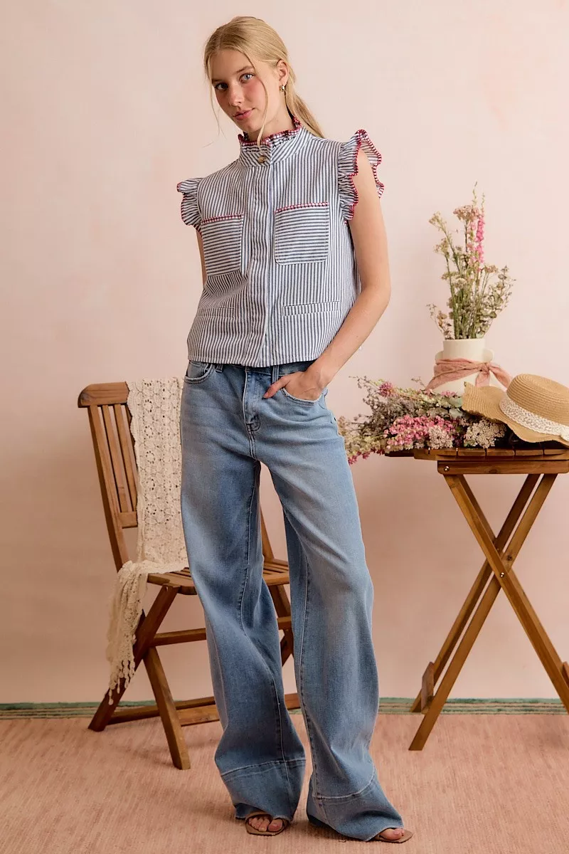 Stripe Twill Stitch Ruffled Hidden Button Vest Top, image 15