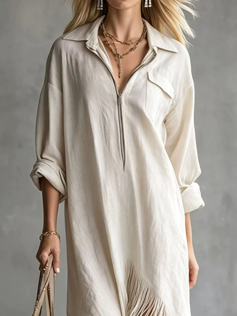 Fringe Hem Zip-Up Shirt Dress, image 2