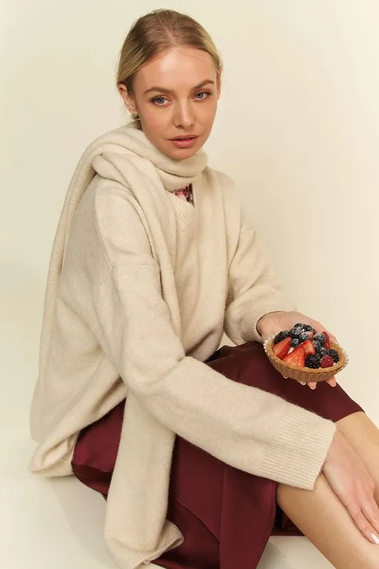 V-Neck Dropped Shoulder Sweater with Scarf, image 3