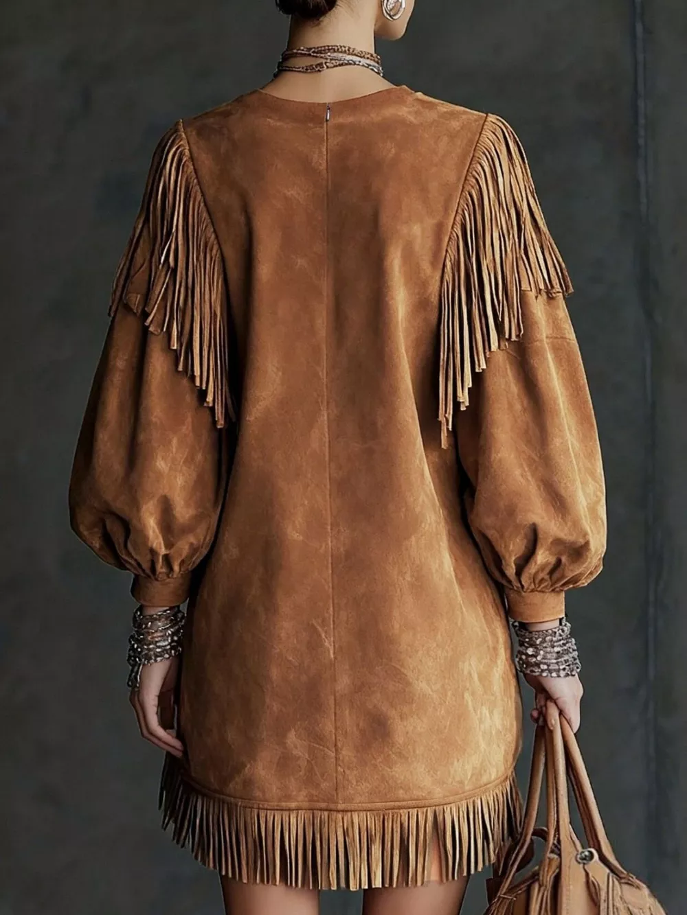 Fringe Detail Lantern Sleeve Mini Dress, image 15